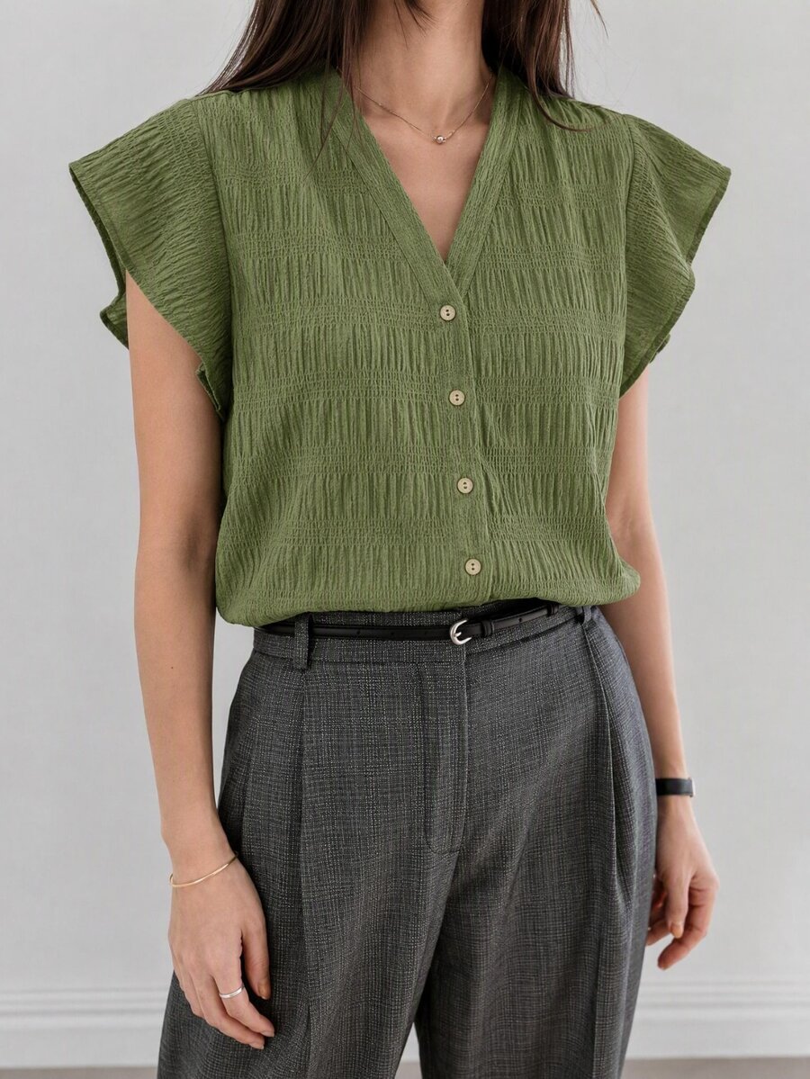 SHEIN LUNE 休閒簡約綠色女款襯衫,適合夏季穿著 - 軍綠色 - 查看 1