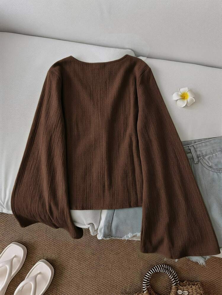 SHEIN LUNE Women's Textured Versatile Top Coffee Brown Light Casual Cute Boho Elegant Solid Color V-Neck Bell Sleeve Knot Front Shirt Tie Front Top - Coffee Brown - View 2