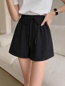 SHEIN LUNE 女款純色紋理布料休閒基礎短褲，適合度假、假期，純黑色夏季度假短褲 - 黑色 - 查看 2