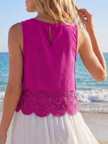 SHEIN LUNE Laser Cut Scallop Trim Keyhole Back Tank Top,Casual - Red Violet - View 2