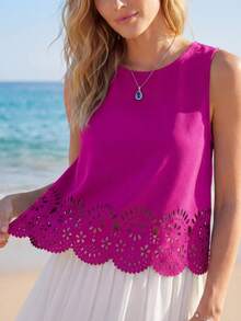 SHEIN LUNE Laser Cut Scallop Trim Keyhole Back Tank Top,Casual - Red Violet - View 1