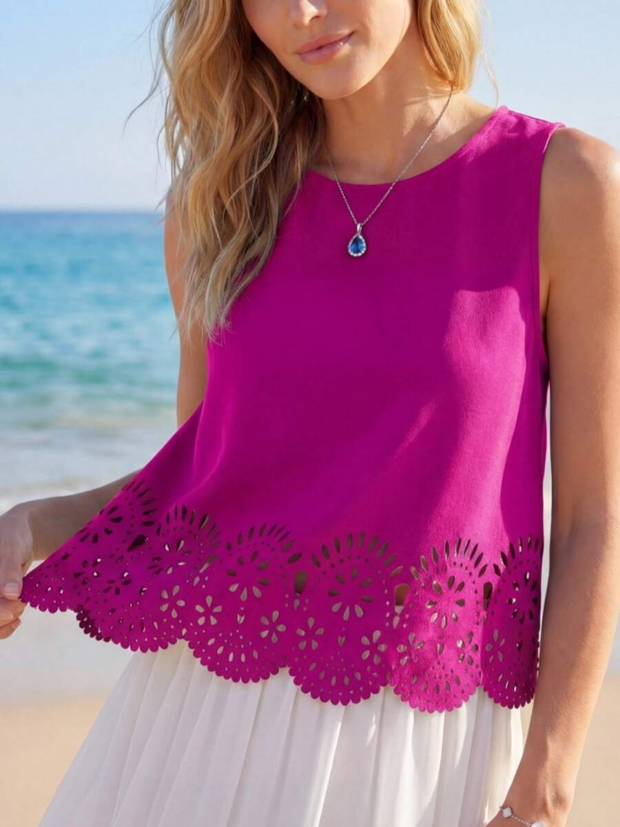SHEIN LUNE Laser Cut Scallop Trim Keyhole Back Tank Top,Casual - Red Violet - View 1