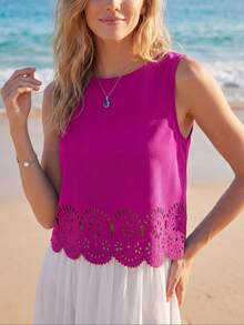 SHEIN LUNE Laser Cut Scallop Trim Keyhole Back Tank Top,Casual - Red Violet - View 6