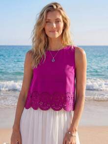 SHEIN LUNE Laser Cut Scallop Trim Keyhole Back Tank Top,Casual - Red Violet - View 7