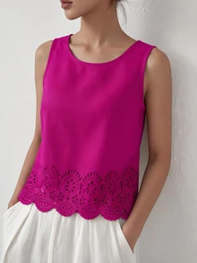 SHEIN LUNE Laser Cut Scallop Trim Keyhole Back Tank Top,Casual - Red Violet - View 4