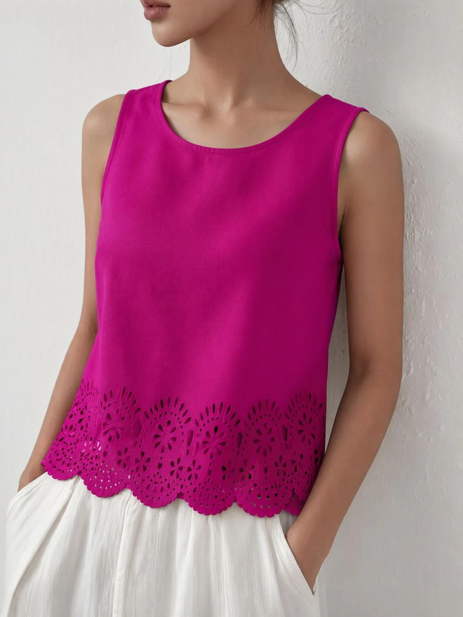 SHEIN LUNE Laser Cut Scallop Trim Keyhole Back Tank Top,Casual - Red Violet - View 1