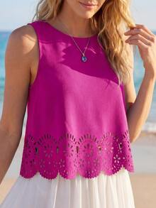 SHEIN LUNE Laser Cut Scallop Trim Keyhole Back Tank Top,Casual - Red Violet - View 5