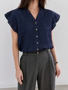 SHEIN LUNE 休閒簡約深藍色女款襯衫，適合夏季 - 藏蓝色 - 查看 1