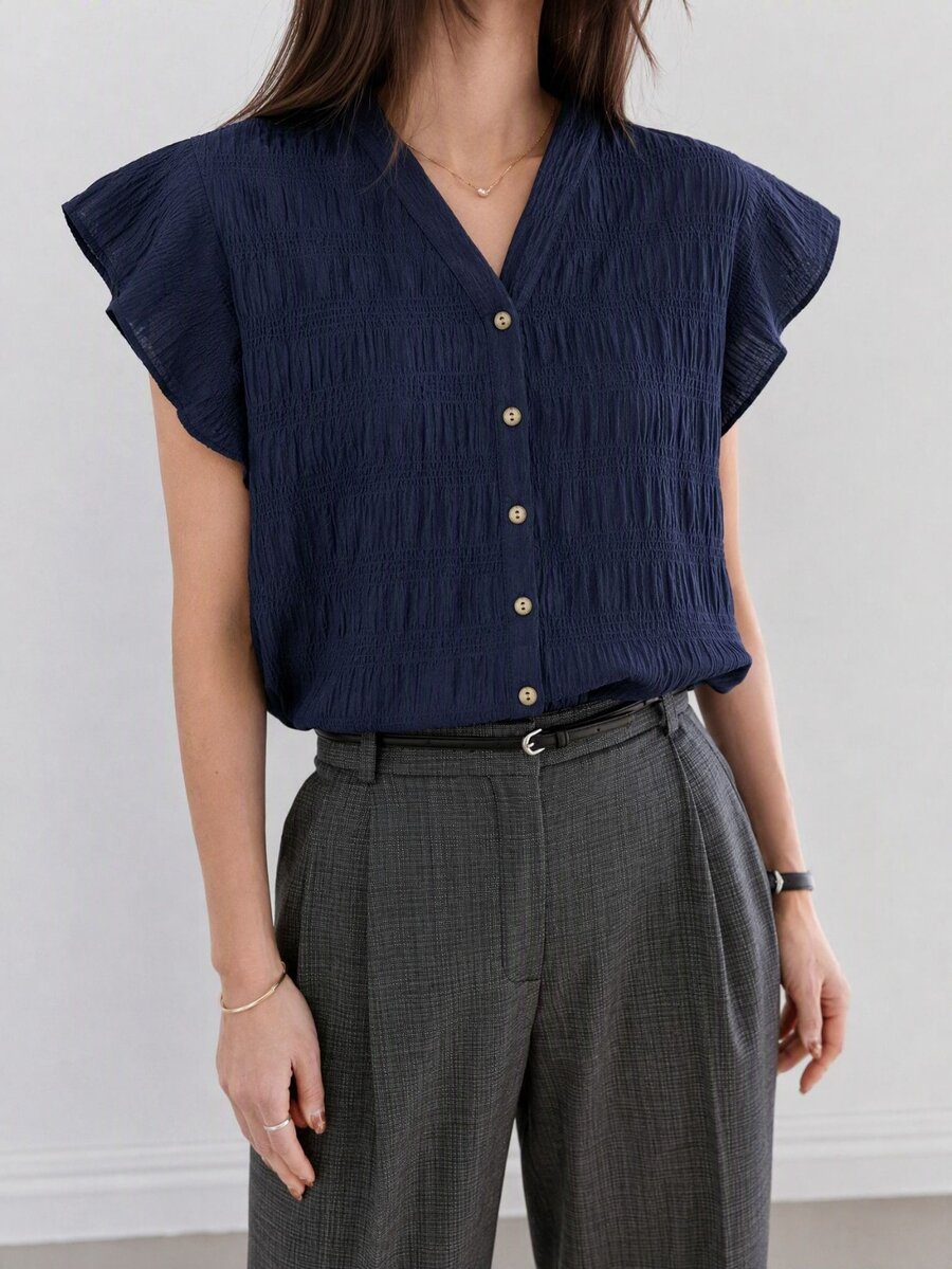 SHEIN LUNE 休閒簡約深藍色女款襯衫，適合夏季 - 藏蓝色 - 查看 1