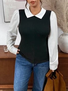 Lounesse Plus Size Women's White Fitted Long Sleeve T-Shirt Fall - Black - View 4