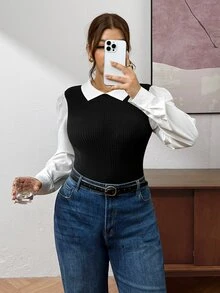 Lounesse Plus Size Women's White Fitted Long Sleeve T-Shirt Fall - Black - View 7