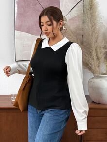Lounesse Plus Size Women's White Fitted Long Sleeve T-Shirt Fall - Black - View 10
