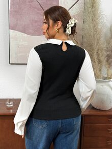 Lounesse Plus Size Women's White Fitted Long Sleeve T-Shirt Fall - Black - View 3