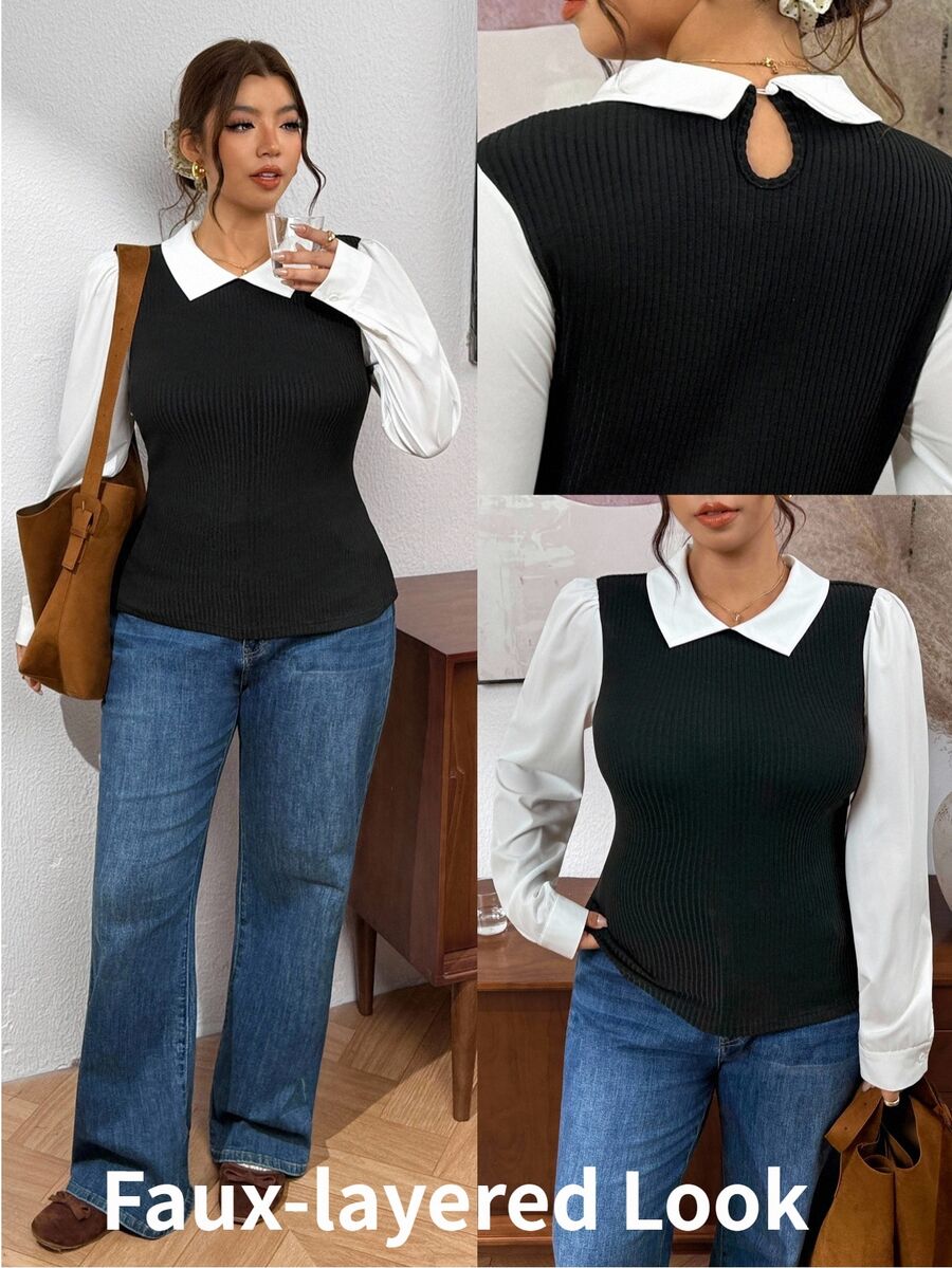 Lounesse Plus Size Women's White Fitted Long Sleeve T-Shirt Fall