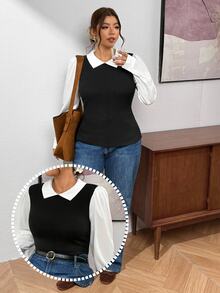 Lounesse Plus Size Women's White Fitted Long Sleeve T-Shirt Fall - Black - View 9