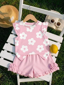 Baby Girl Casual Fashion Cute Flutter Sleeve Round Neck Top, Suitable For Spring And Summer - Multicolor - View 3