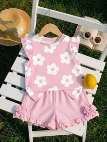 Baby Girl Casual Fashion Cute Flutter Sleeve Round Neck Top, Suitable For Spring And Summer - Multicolor - View 1