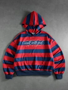 ROMWE MEN Men's Striped Letter Print Pocket Design Loose Fit Hoodie - Red - View 1