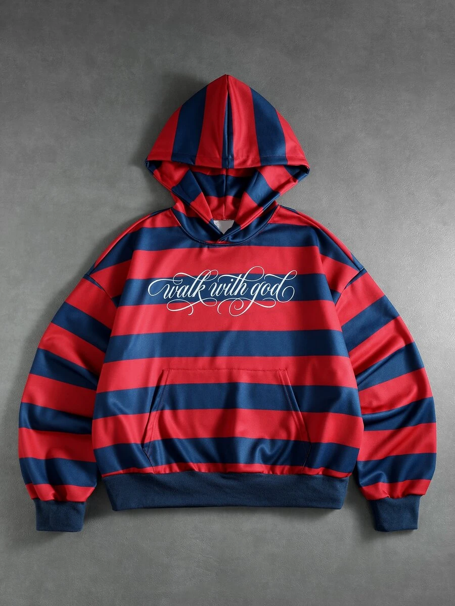 ROMWE MEN Men's Striped Letter Print Pocket Design Loose Fit Hoodie - Red - View 1