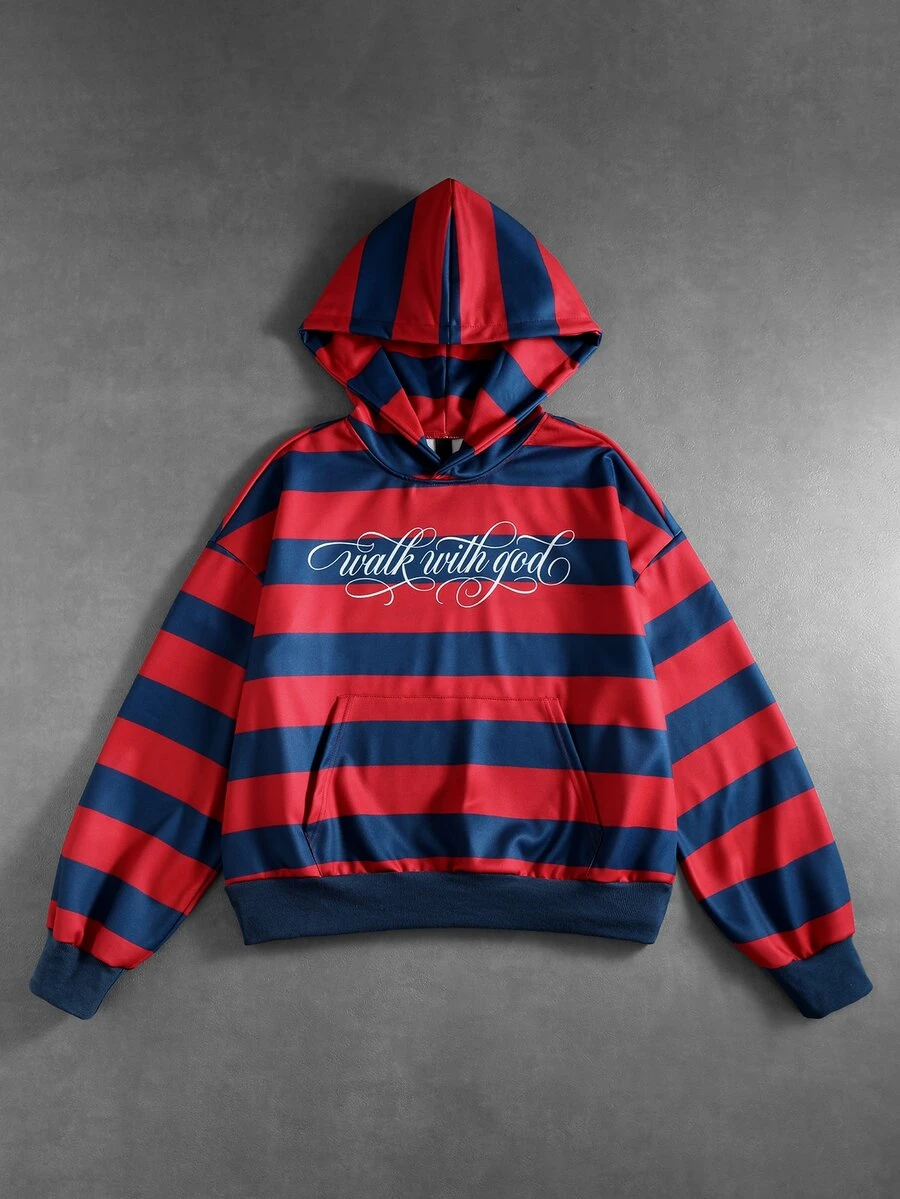 ROMWE MEN Men's Striped Letter Print Pocket Design Loose Fit Hoodie - Red - View 1