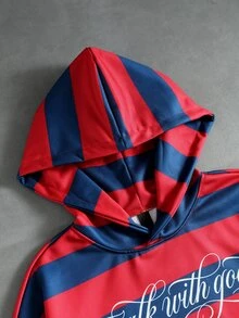 ROMWE MEN Men's Striped Letter Print Pocket Design Loose Fit Hoodie - Red - View 4
