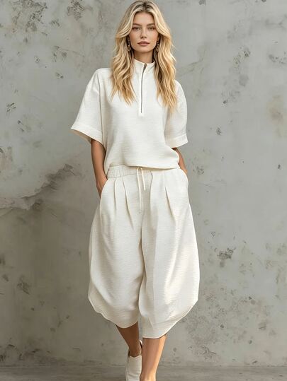 SHEIN Setelan Atasan Kerah Tegak dan Celana Panjang Model Lentera dengan Potongan Lebar dari Kain Bertekstur Premium untuk Wanita, Setelan Celana Panjang 3/4 dari Linen Putih Elegan dengan Pinggang Ramping, Setelan Dua Potong untuk Liburan Wanita, Setelan Dua Potong Putih untuk Wanita