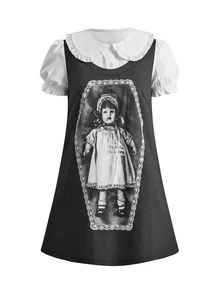 ROMWE Goth Figure Graphic Peter Pan Collar 2 In 1 Dress - Black - View 1