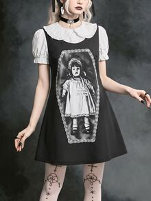 ROMWE Goth Figure Graphic Peter Pan Collar 2 In 1 Dress - Black - View 5