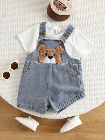 SHEIN Baby Boy Baby Girl Summer Casual Cute Denim Overalls Bear Overalls Cute Overalls