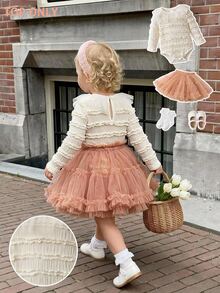 Cozy Pixies Babygirl Sweet Patchwork Textured Bodysuit White Versatile Winter/Autumn/Spring/Summer - White - View 1