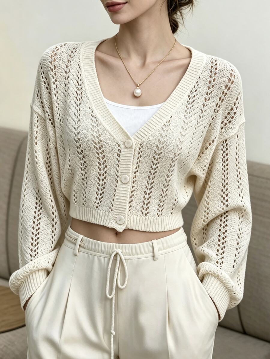 RosyDaze 1pc Pointelle Knit Drop Shoulder Crop Cardigan