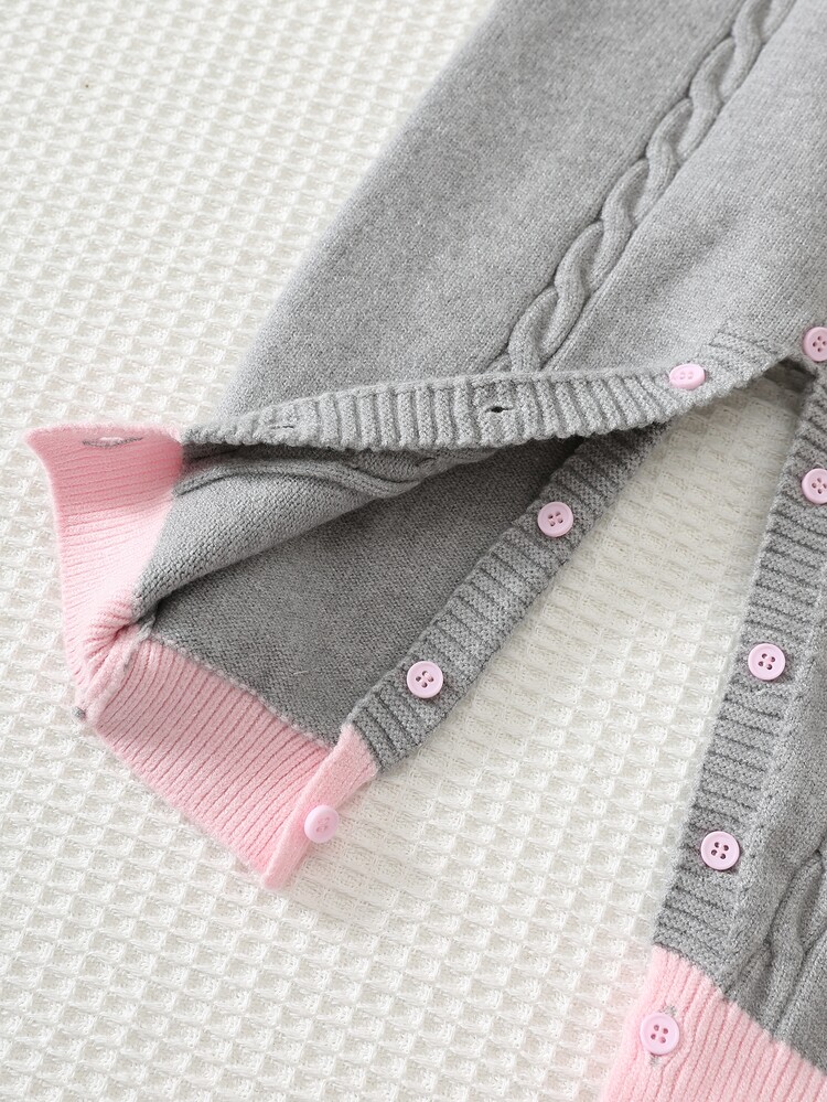 Cozy Pixies Baby Girl Cartoon Bear 3D Bow Casual Cute Pattern Colorblock Round Neck Long Sleeve Knit Autumn Jumpsuit - Grey - View 5