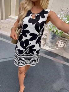 Sylviya 1件女款休閒無袖印花短款度假洋裝，波希米亞風夏季女裝套裝 - 白色 - 查看 8