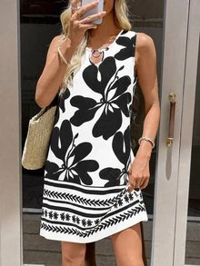 Sylviya 1件女款休閒無袖印花短款度假洋裝，波希米亞風夏季女裝套裝 - 白色 - 查看 9