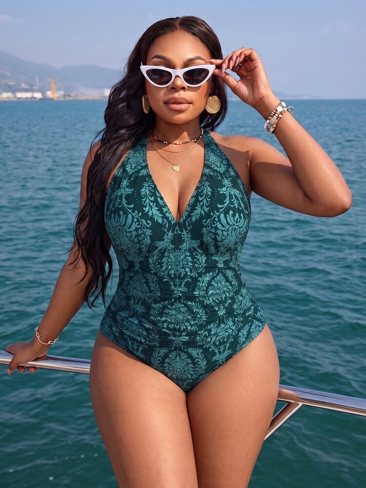 Swim Lushoire Plus Size One-Piece Swimsuit, Random Colorful Print, Minimalist Design, Suitable For Daily Wear, Bohemian Style, Summer Beach Outfit For Women - Multicolor - View 4