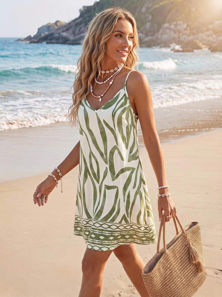 Sylviya Boho Breezy European Pastel Green Animal Print Summer Holiday Vacation V-Neck Spaghetti Strap Backless A-Line Cami Dress Women's Beach Resort Wear - Green - View 1