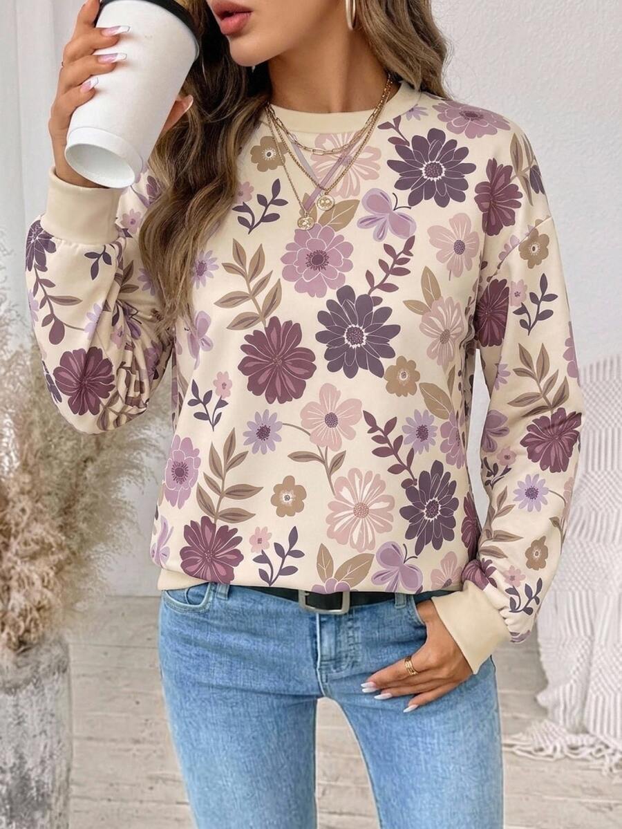 SHEIN LUNE Crew Neck Pullover Long Sleeve Basic Autumn/Winter Ditsy Floral Sweatshirt - White - View 1