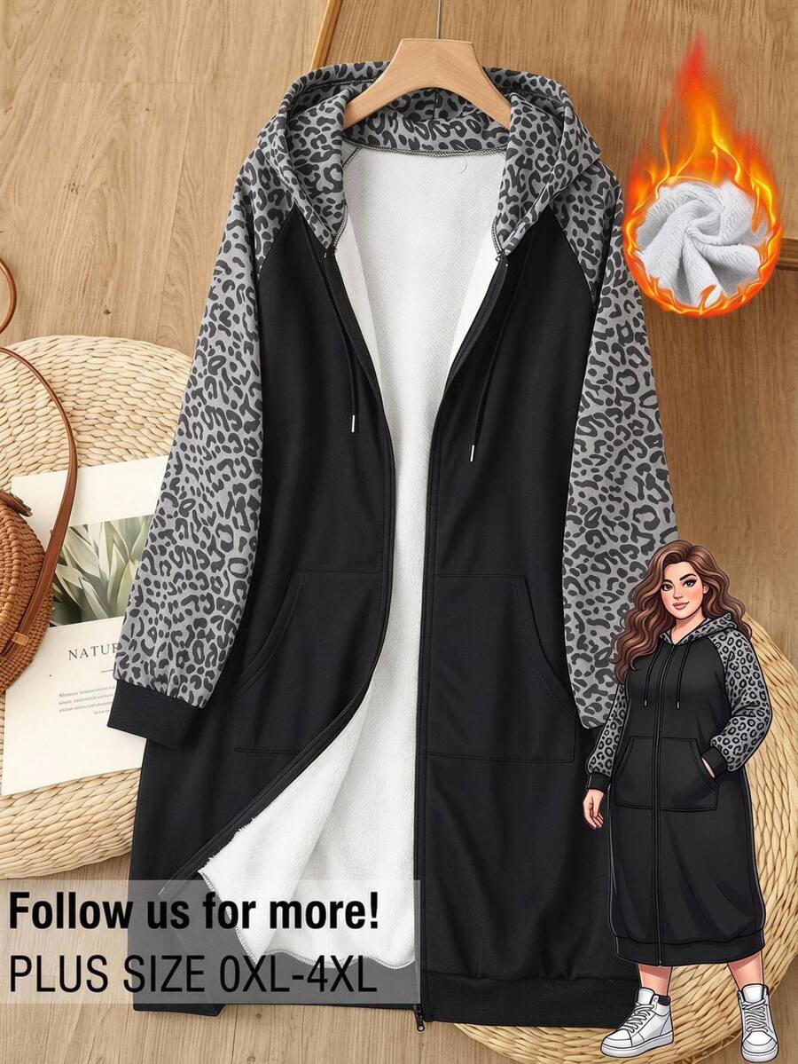 Rusticease Plus Size Women's Leopard Print Patchwork Casual Everyday Sweatshirt - Black - View 1