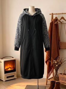 Rusticease Plus Size Women's Leopard Print Patchwork Casual Everyday Sweatshirt - Black - View 2