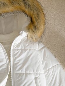 SHEIN 女嬰款絎縫加厚保暖內裡連帽外套，羅紋飾邊、可愛拉鍊前開襟、斜口袋，百搭冬季夾克 - 白色 - 查看 6