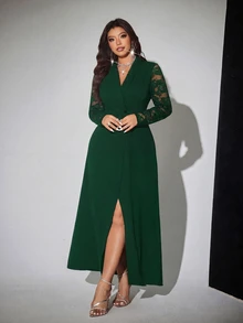 Viva Relle 大尺碼女款優雅浪漫性感派對蕾絲露背翻領修身開衩長洋裝，情人節秋季 - 墨綠色 - 查看 1