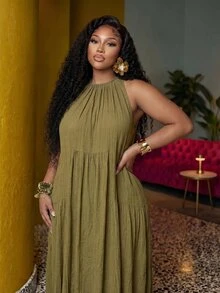 Veslaya Plus Size Women Casual Solid Color Off-Shoulder Long Dress - Green - View 6