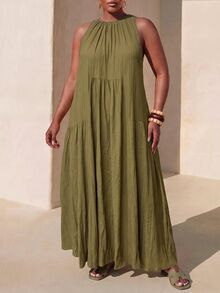 Veslaya Plus Size Women Casual Solid Color Off-Shoulder Long Dress - Green - View 3
