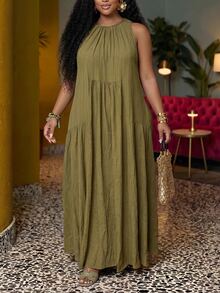 Veslaya Plus Size Women Casual Solid Color Off-Shoulder Long Dress - Green - View 4