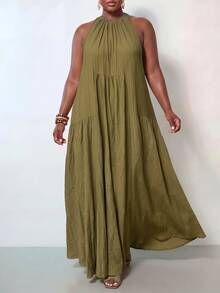 Veslaya Plus Size Women Casual Solid Color Off-Shoulder Long Dress - Green - View 2
