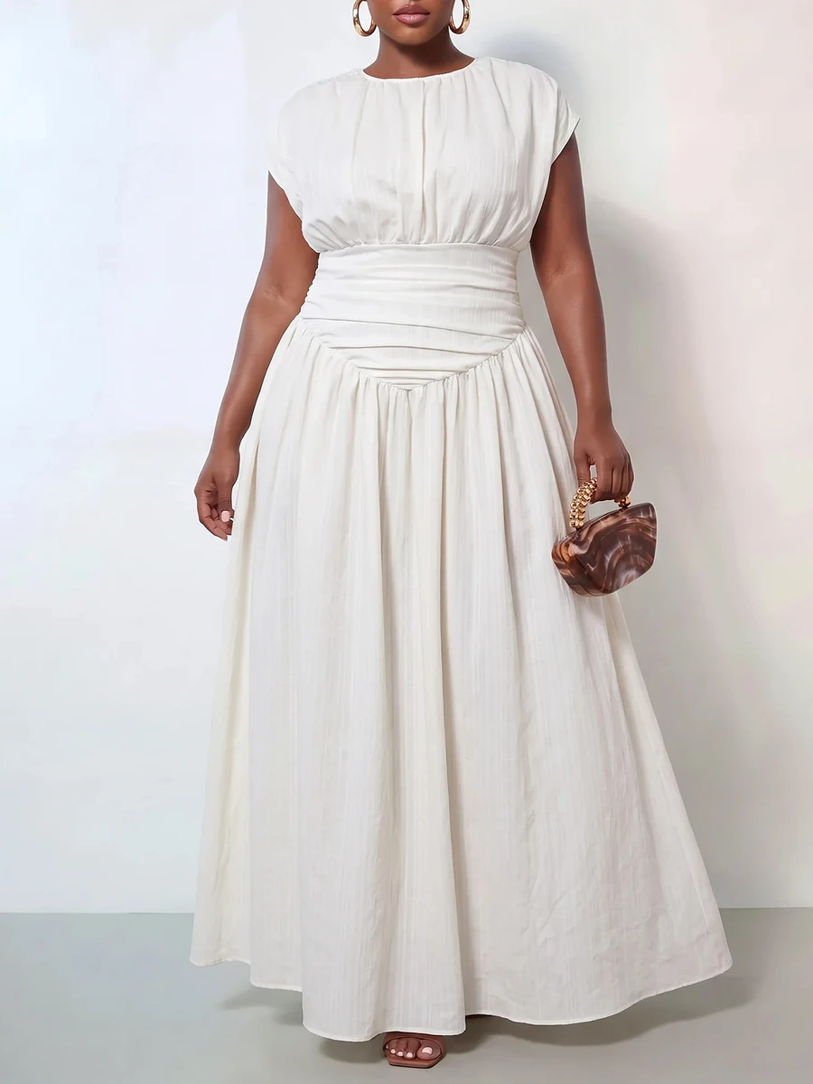 Veslaya 2026 Spring Summer Plus Size Women All White Elegant Party Wedding Guest Wedding Solid Round Neck Ruched Waist Simple Dress,Suitable For,Beach,Banquet - White - View 1