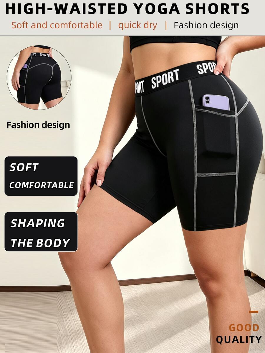Easithlete Easithlete Women's Plus Size Casual Sports Running Fitness Shorts With Pockets Gym Workout Black And White Summer - Black - View 1