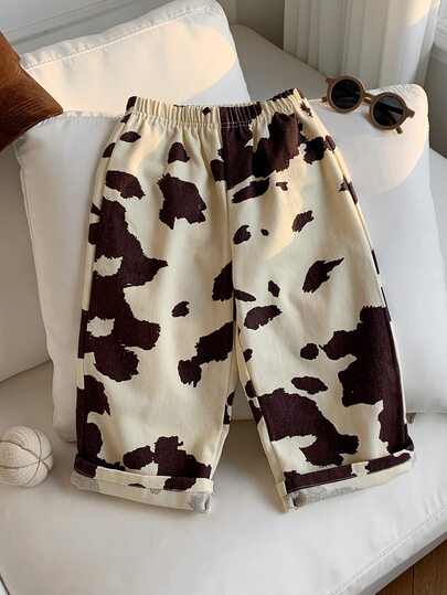 Young Boy Casual College Street Japanese Cow Print Fabric Sweatpants Long Pants Bottoms,Holiday,Kids Boys,Mommy And Me,Kids Wedding Guest