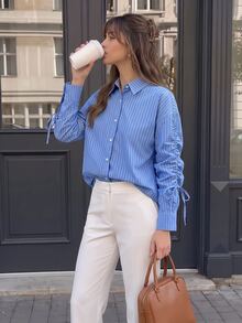 GlowEve Women Striped Print Front Button Drawstring Long Sleeve Shirt,Long Sleeve Tops Fall Cloth For Women - Blue - View 1