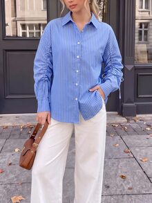 GlowEve Women Striped Print Front Button Drawstring Long Sleeve Shirt,Long Sleeve Tops Fall Cloth For Women - Blue - View 4